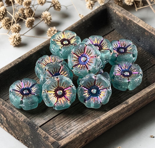 Czech Glass - 12mm Hibiscus Flower, Matte Teal with Rainbow AB Finish (FL12/N-2048) * Qty. 6