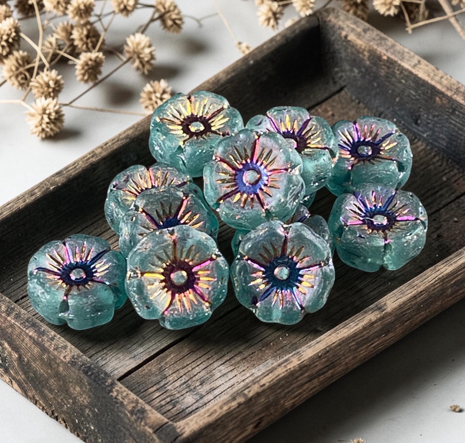 Czech Glass - 12mm Hibiscus Flower, Matte Teal with Rainbow AB Finish (FL12/N-2048) * Qty. 6
