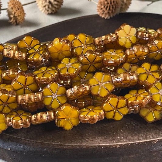 Czech Glass Beads, 10mm Table Cut Flower, Marigold Orange with Bronze Metallic (TCFMN-4) * Qty. 15