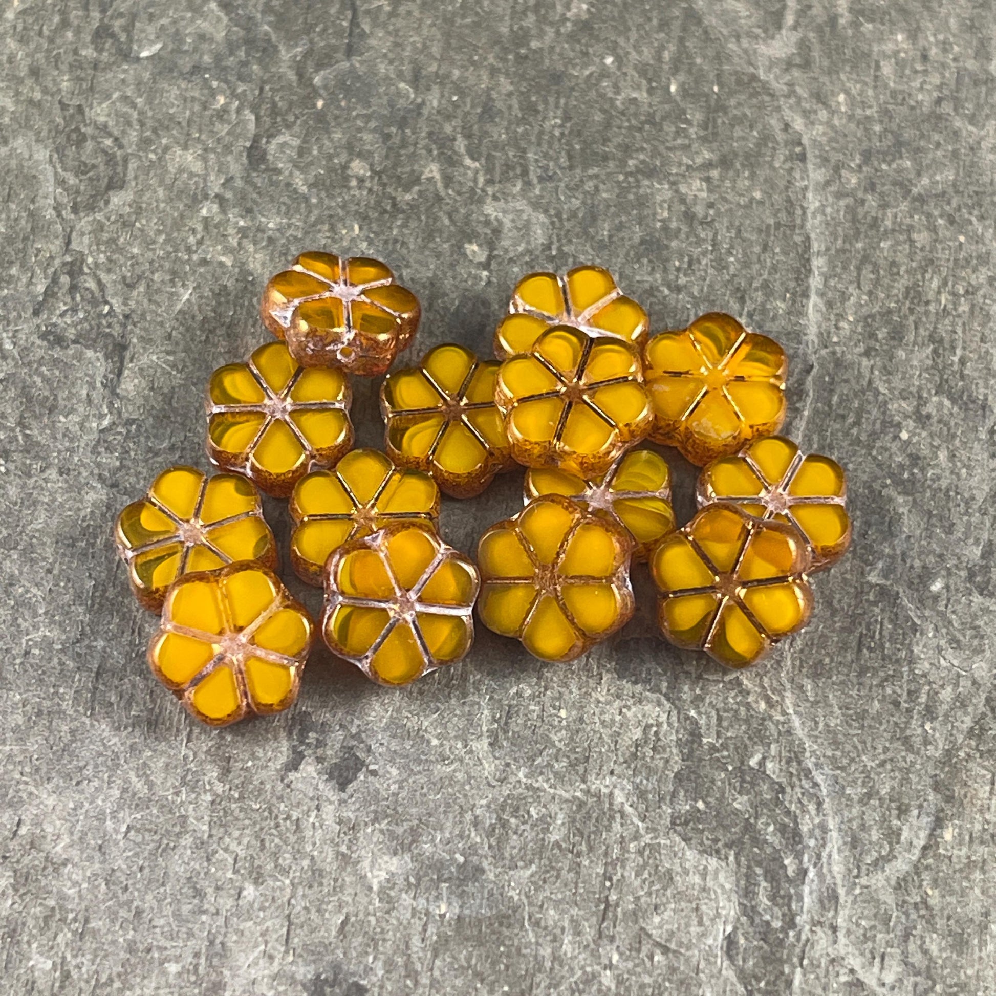Czech Glass Beads, 10mm Table Cut Flower, Marigold Orange with Bronze Metallic (TCFMN-4) * Qty. 15