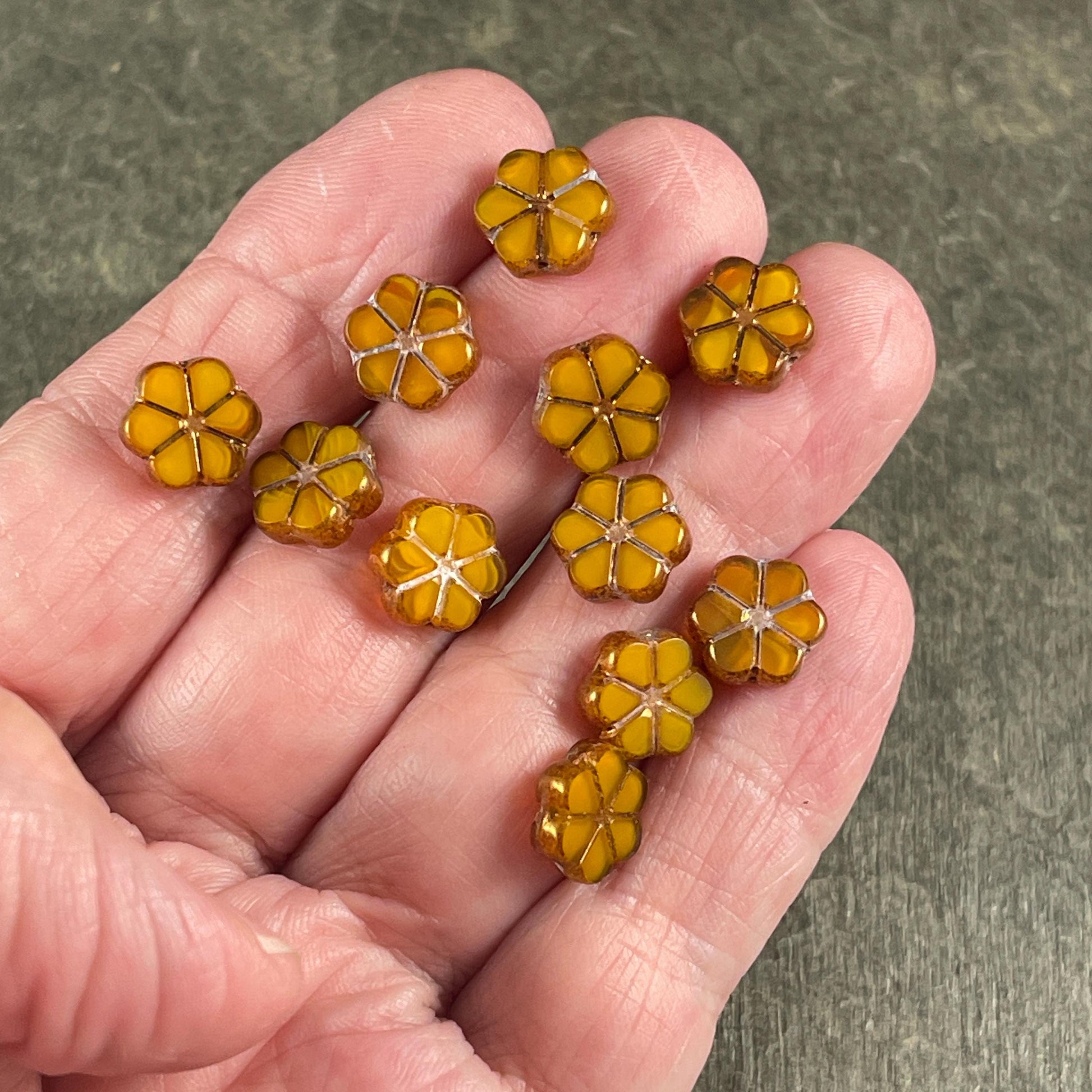 Czech Glass Beads, 10mm Table Cut Flower, Marigold Orange with Bronze Metallic (TCFMN-4) * Qty. 15