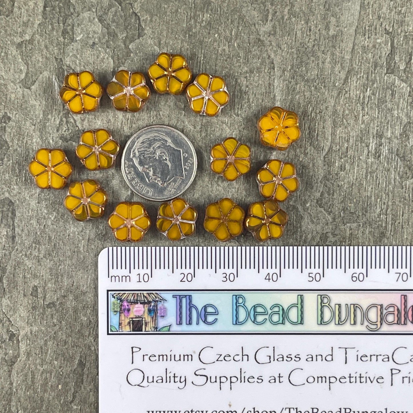 Czech Glass Beads, 10mm Table Cut Flower, Marigold Orange with Bronze Metallic (TCFMN-4) * Qty. 15