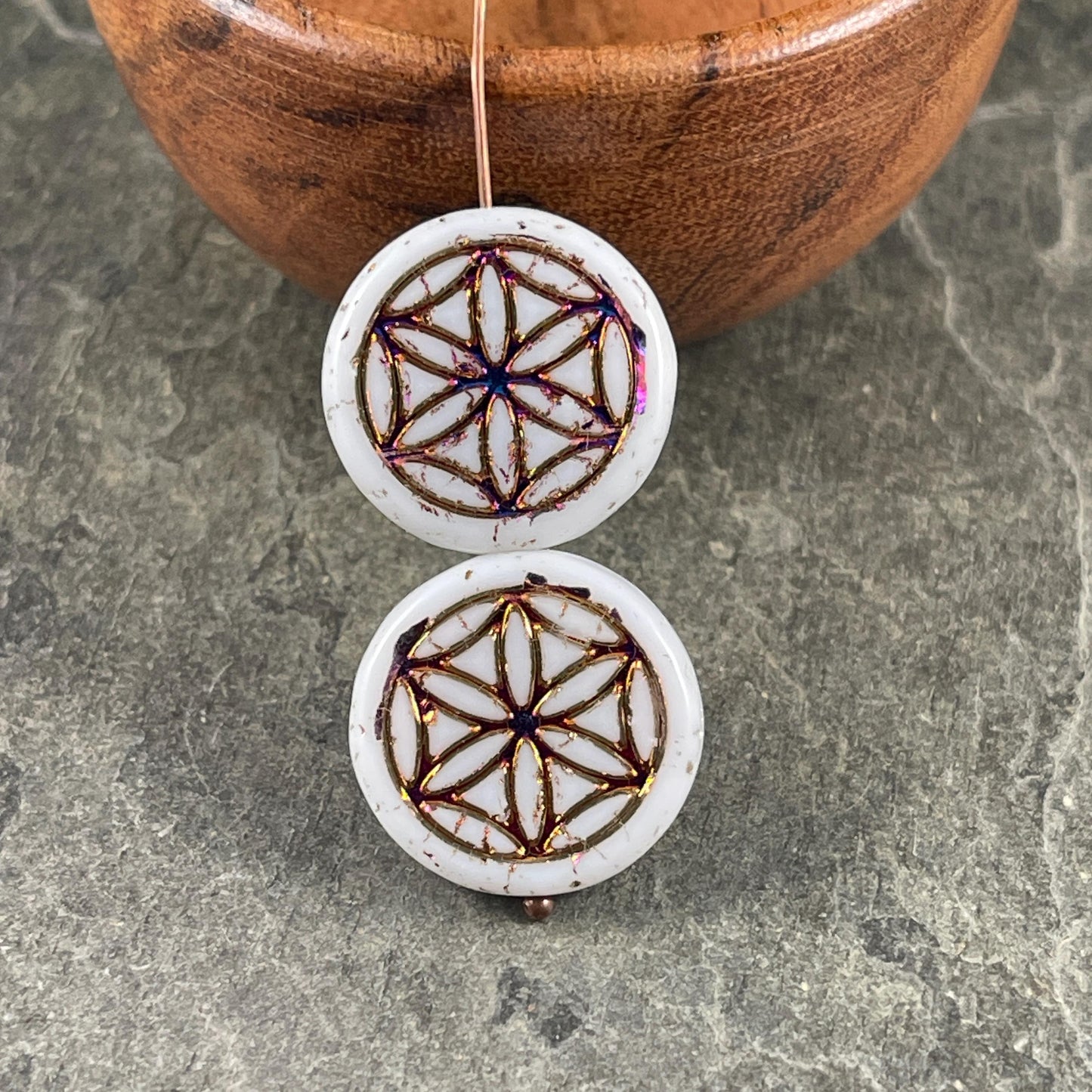 Czech Glass - Flower of Life 19mm Coin Bead, White with Sliperit Finish (N-2081) * Qty. 6