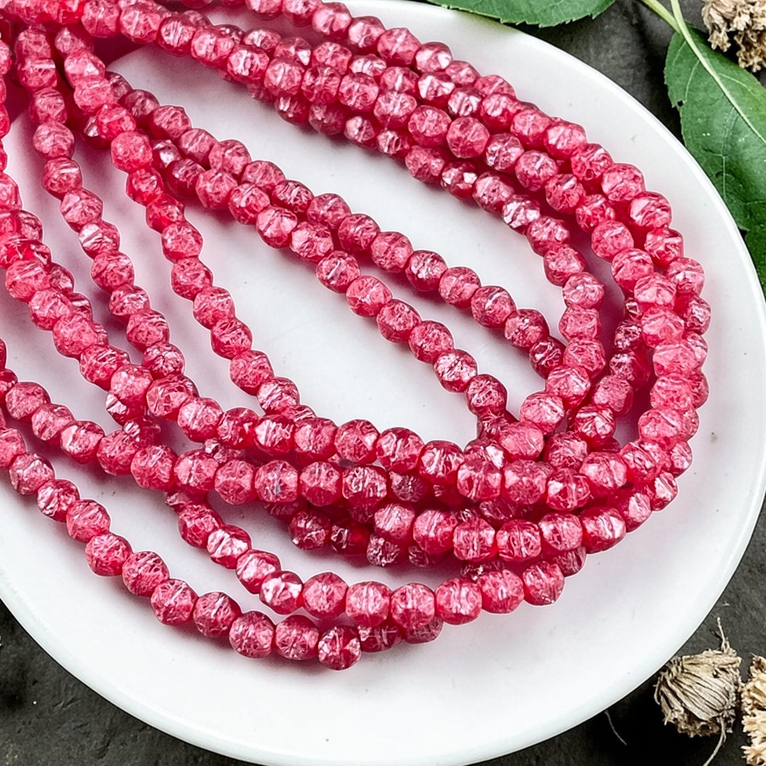 Czech Glass Beads - 4mm English Cut, Ruby Red with Pink Wash and Etched Finish (EC/N-0118) * Qty. 50