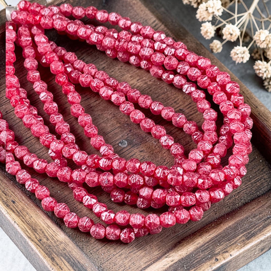 Czech Glass Beads - 4mm English Cut, Ruby Red with Pink Wash and Etched Finish (EC/N-0118) * Qty. 50
