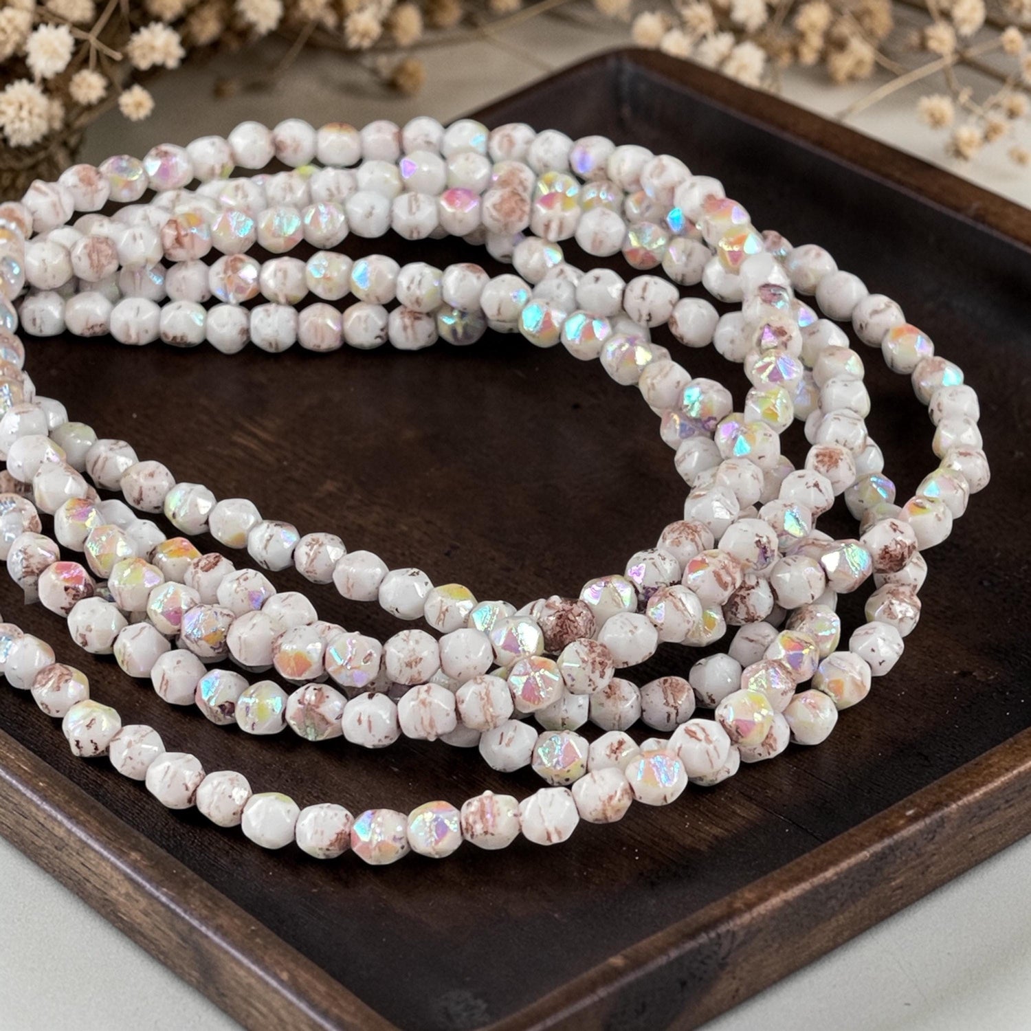 Czech Glass Beads - 4mm English Cut, White with Rainbow AB and Brown Wash (EC/N-0129) * Qty. 50