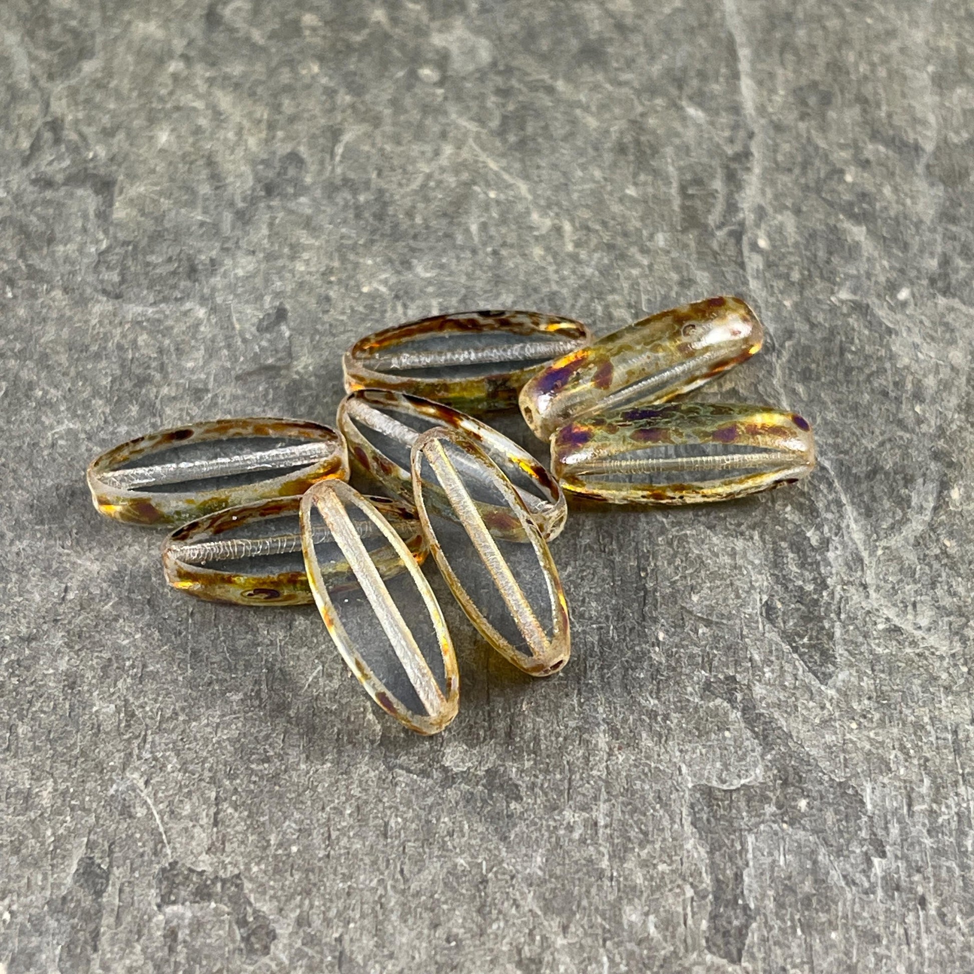 Czech Glass Beads - 16x6mm Table Cut Spindle, Transparent with Brown Picasso (Spndl-TC) * 8 Beads