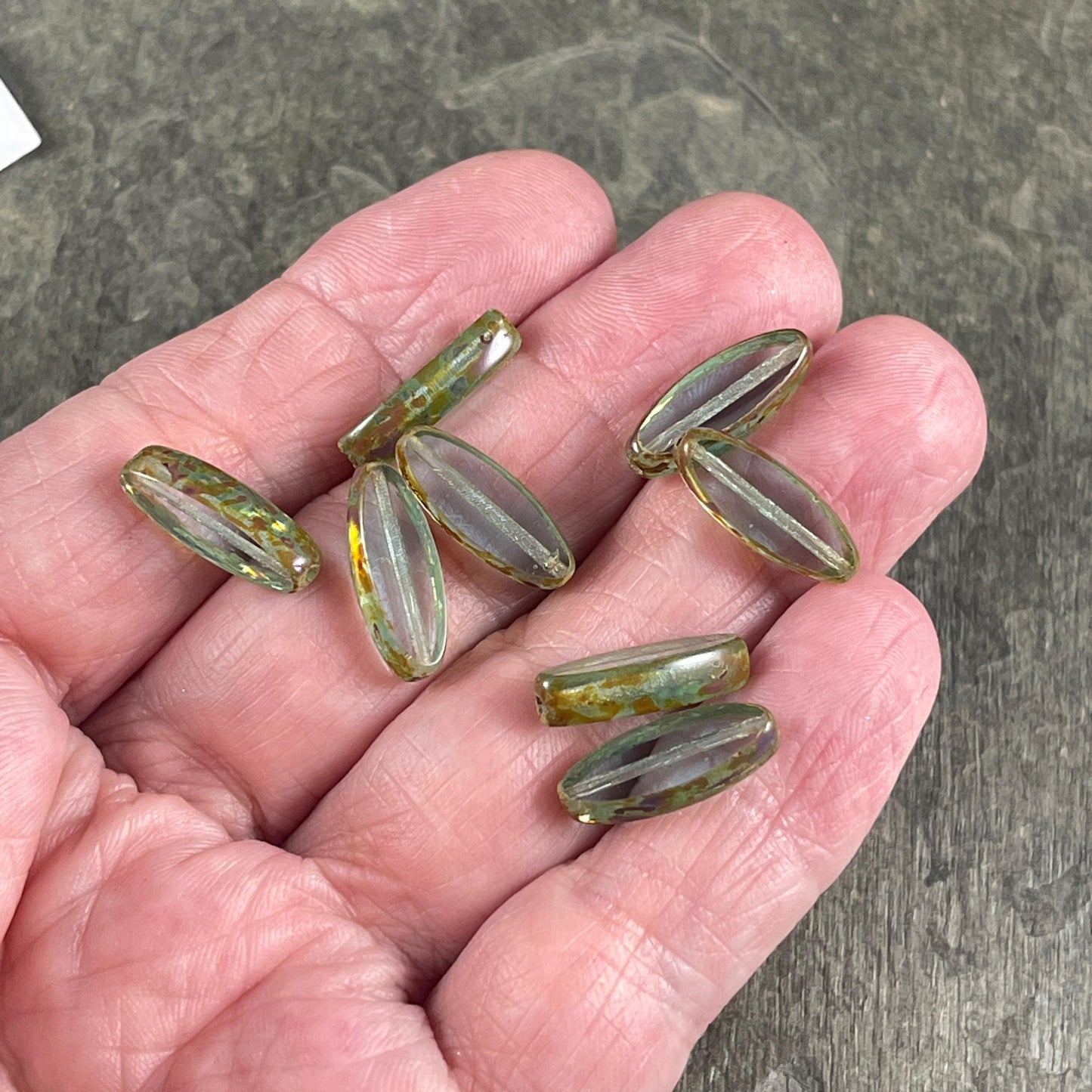 Czech Glass Beads - 16x6mm Table Cut Spindle, Aqua with Brown Picasso (Spndl-TA) * 8 Beads