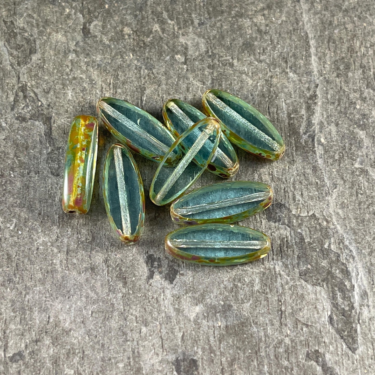 Czech Glass Beads - 16x6mm Table Cut Spindle, Aqua with Brown Picasso (Spndl-TA) * 8 Beads