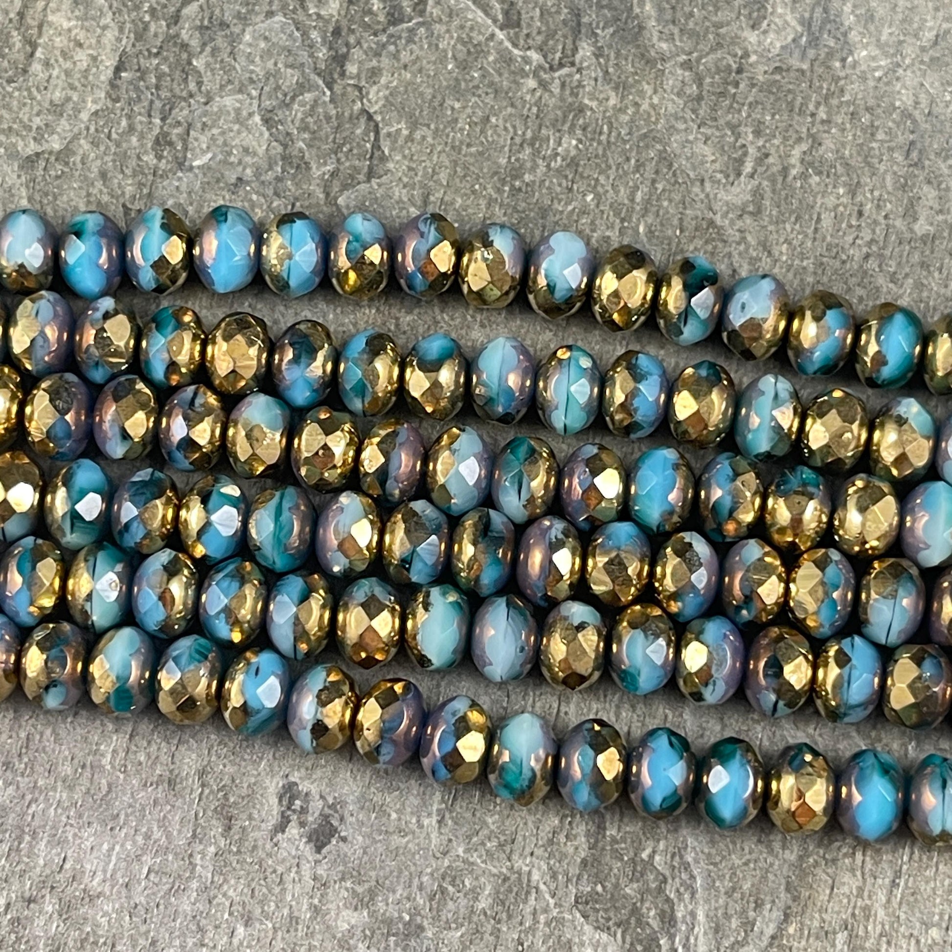 Czech Glass Beads - 7x5mm Faceted Rondelles, Blue with Metallic Gold Picasso (R7/OB-70) * Qty. 25