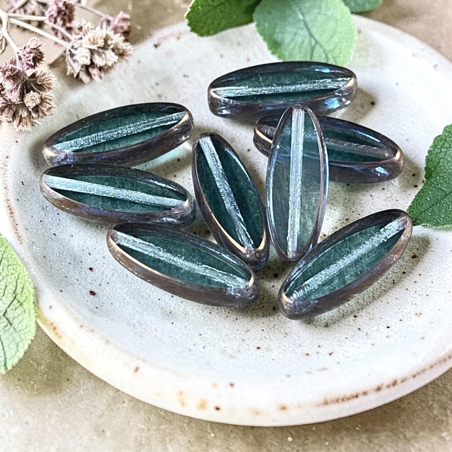 Czech Glass Beads - 16x6mm Table Cut Spindle, Transparent Blue with Bronze Picasso (Spndl-TB) * 8 Beads