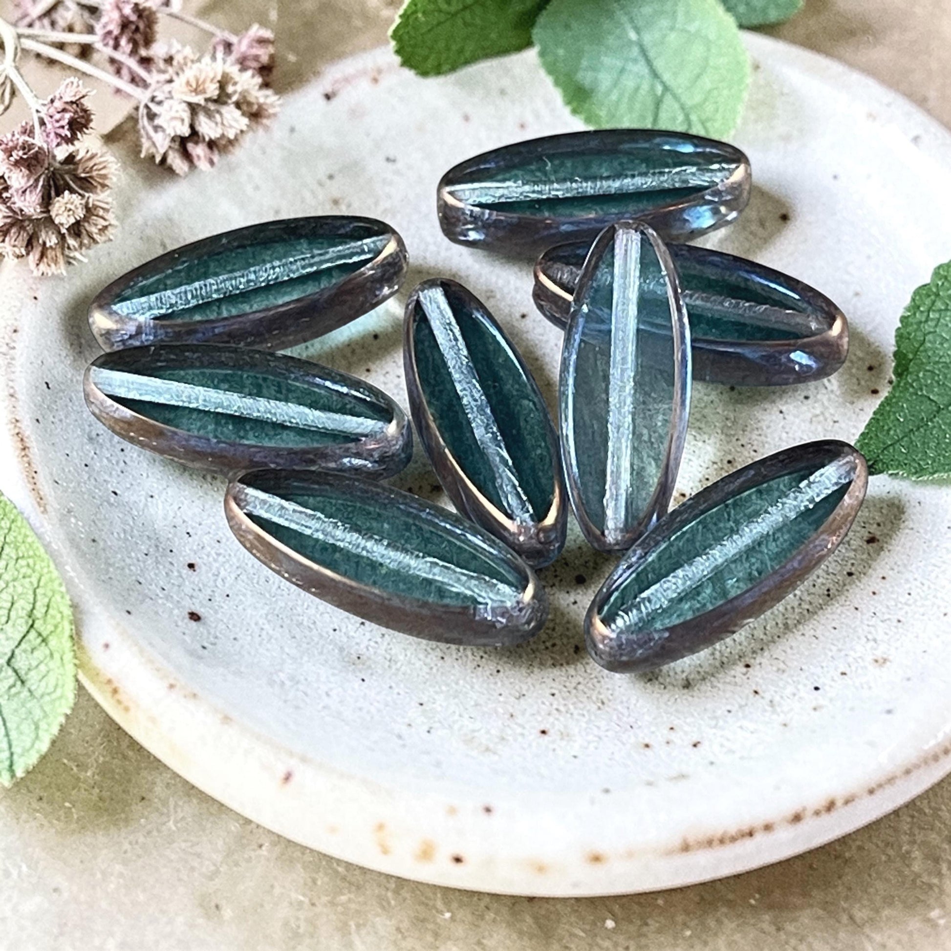 Czech Glass Beads - 16x6mm Table Cut Spindle, Transparent Blue with Bronze Picasso (Spndl-TB) * 8 Beads