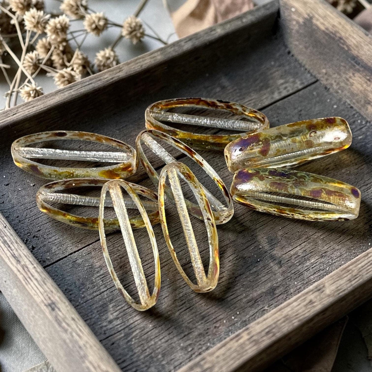 Czech Glass Beads - 16x6mm Table Cut Spindle, Transparent with Brown Picasso (Spndl-TC) * 8 Beads