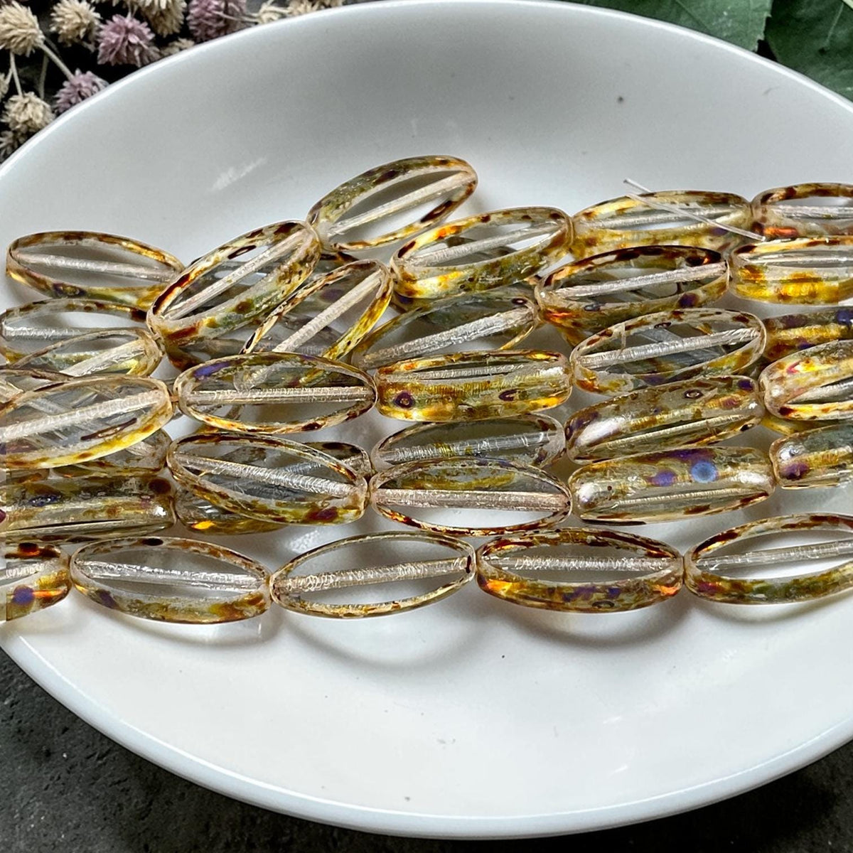 Czech Glass Beads - 16x6mm Table Cut Spindle, Transparent with Brown Picasso (Spndl-TC) * 8 Beads