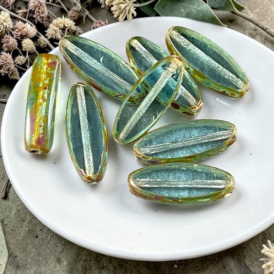 Czech Glass Beads - 16x6mm Table Cut Spindle, Aqua with Brown Picasso (Spndl-TA) * 8 Beads