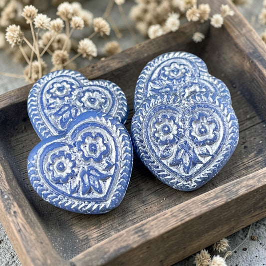 Czech Glass Beads - 18mm Heart Bead, Periwinkle with Silver Wash (FH-12) * 6 Beads