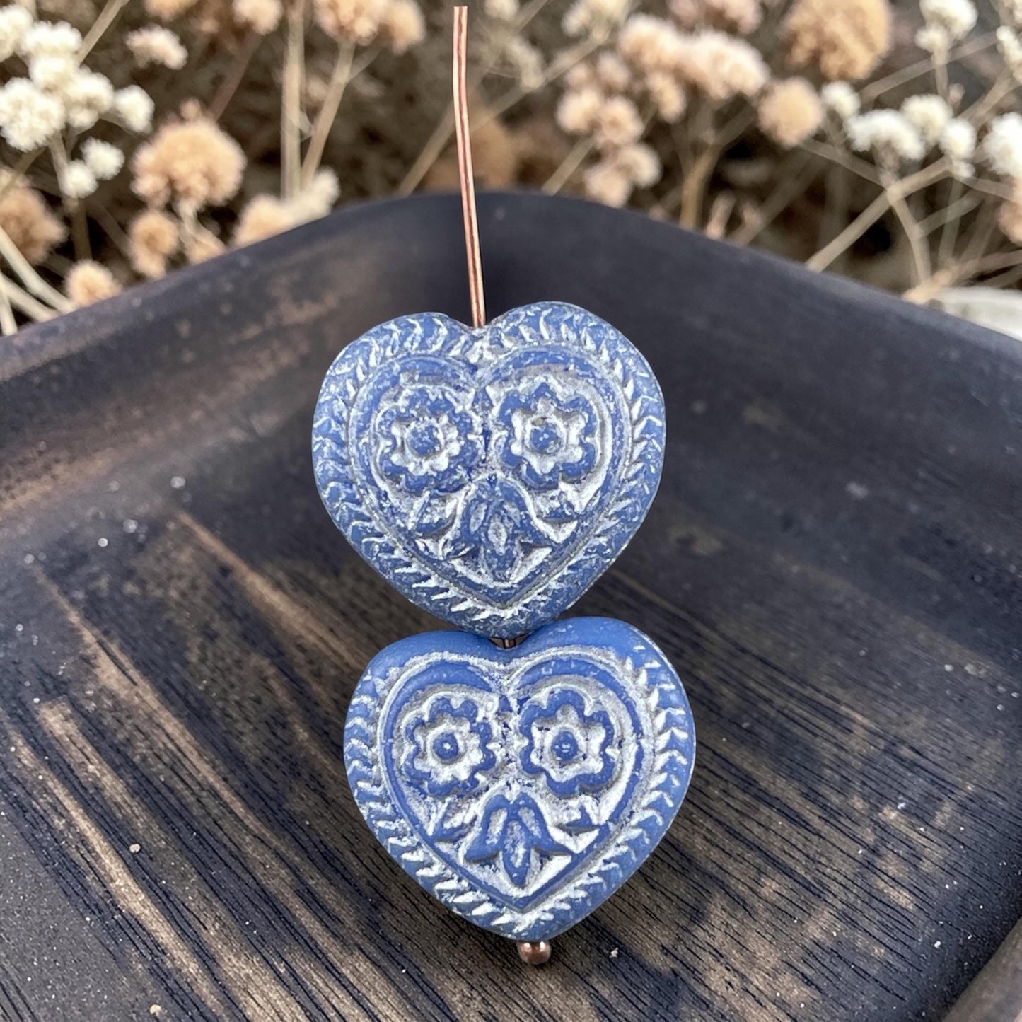 Czech Glass Beads - 18mm Heart Bead, Periwinkle with Silver Wash (FH-12) * 6 Beads