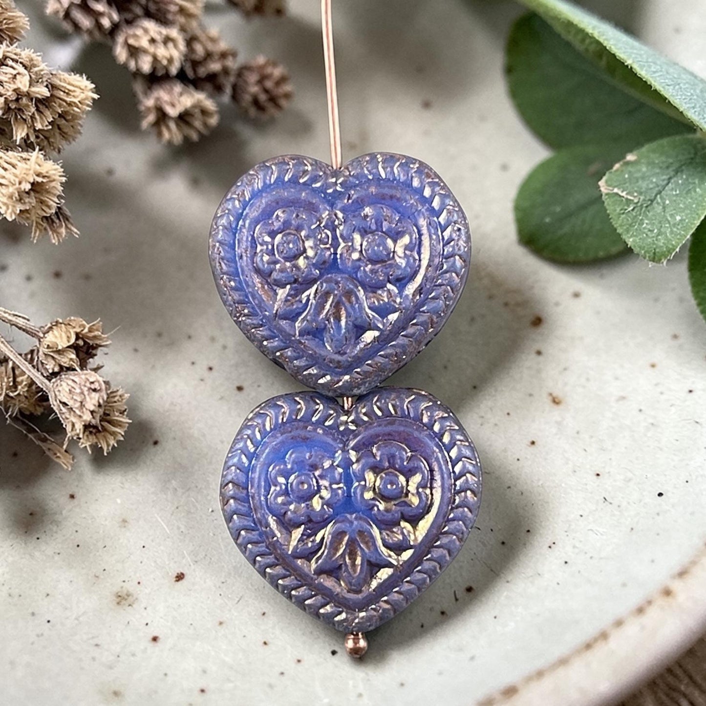 Czech Glass Beads - 18mm Heart Bead, Lavender with Bronze Wash (FH-15) * 4 Beads