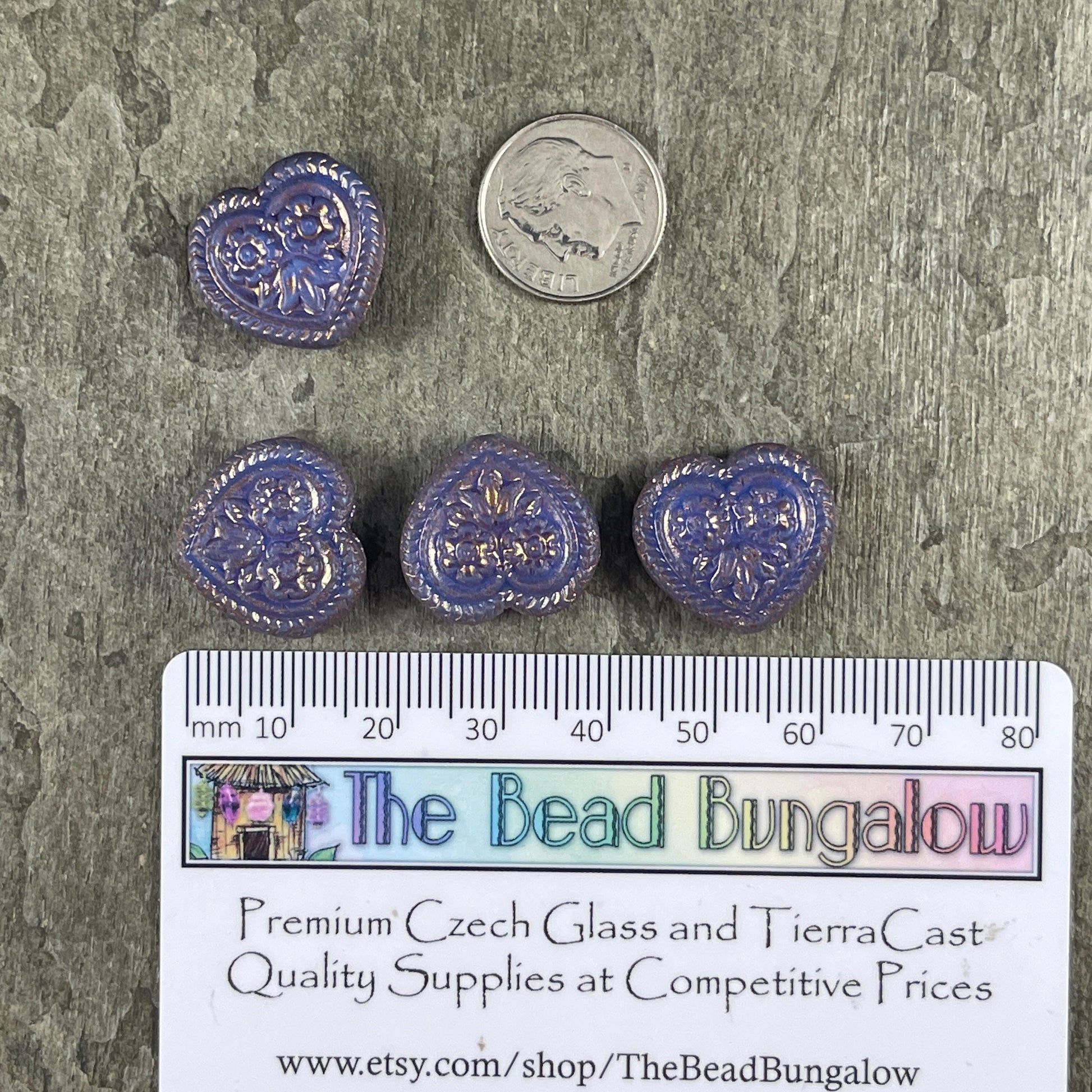 Czech Glass Beads - 18mm Heart Bead, Lavender with Bronze Wash (FH-15) * 4 Beads