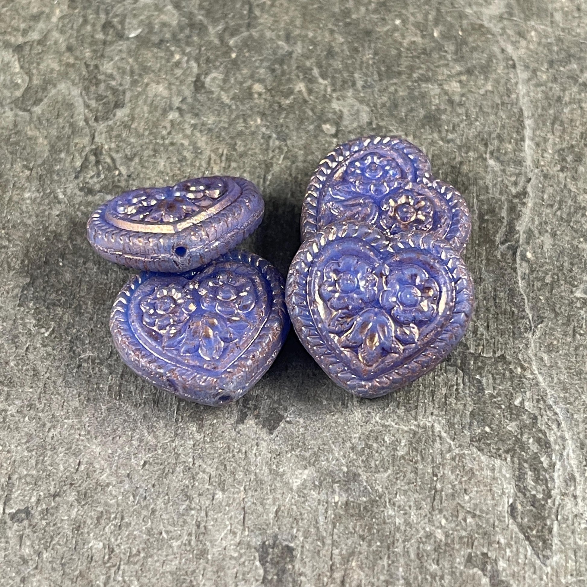 Czech Glass Beads - 18mm Heart Bead, Lavender with Bronze Wash (FH-15) * 4 Beads