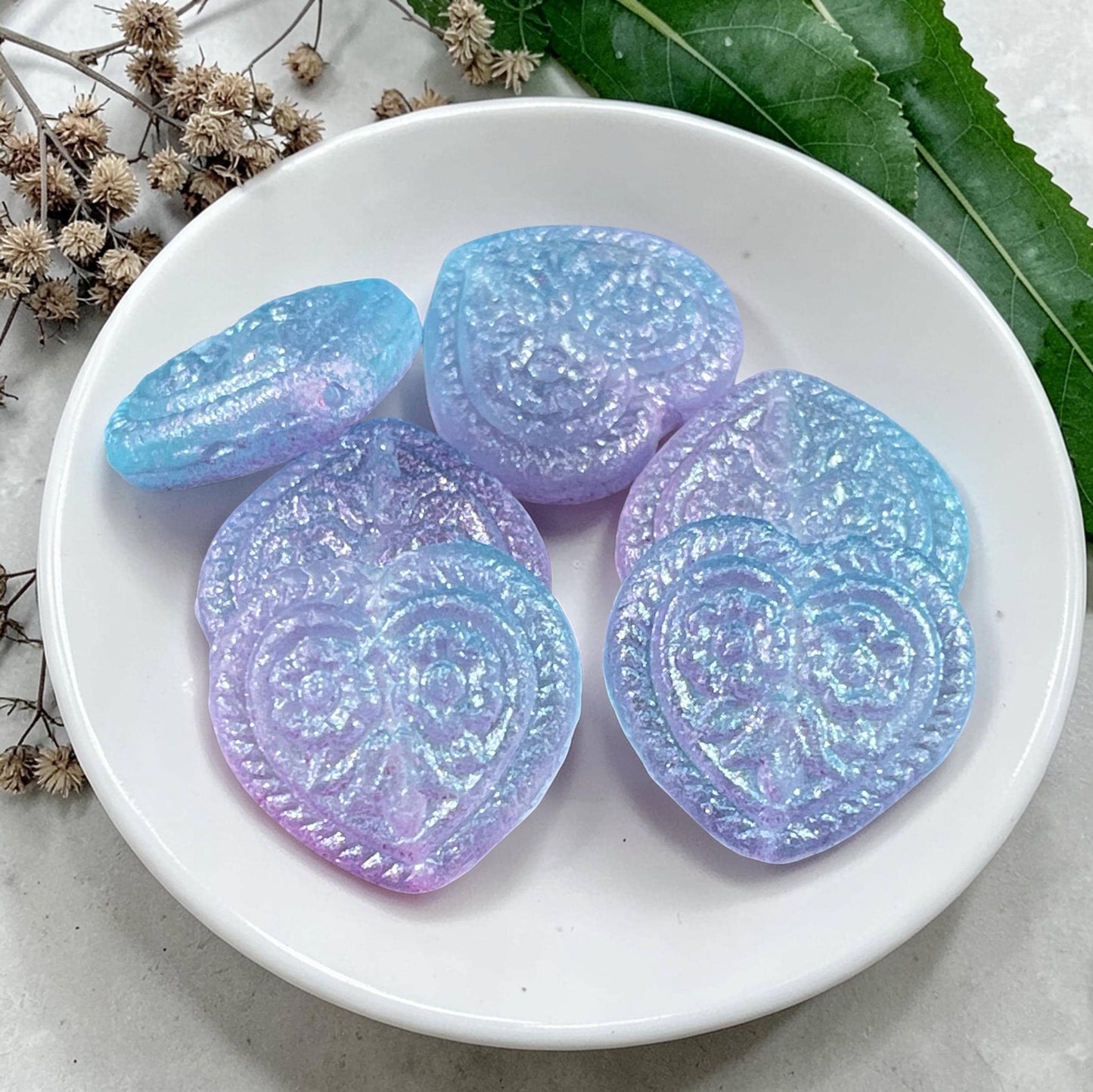Czech Glass Beads - 18mm Heart Bead, Lilac and Aqua with AB (FH-6) * 6 Beads