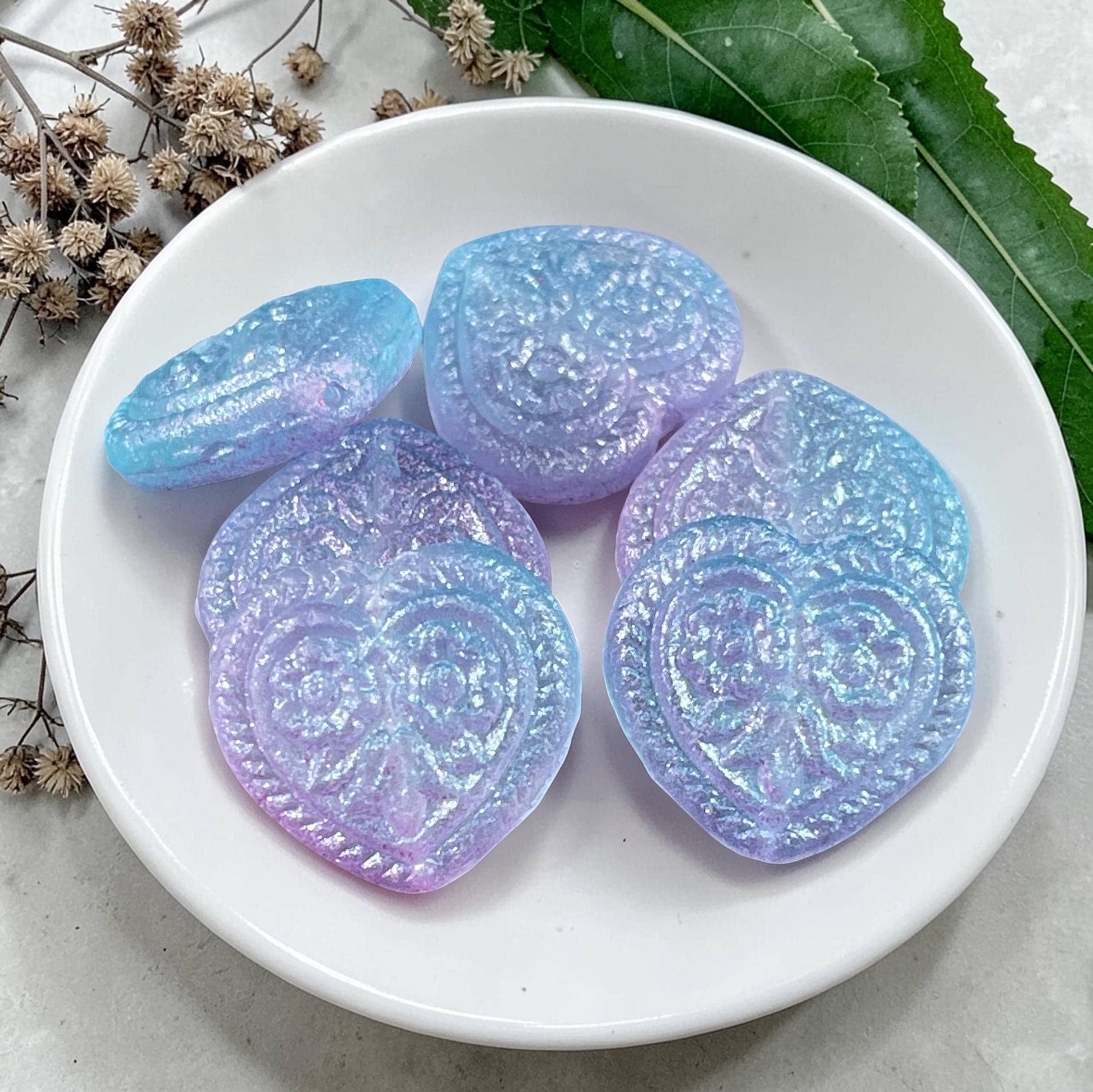 Czech Glass Beads - 18mm Heart Bead, Lilac and Aqua with AB (FH-6) * 6 Beads