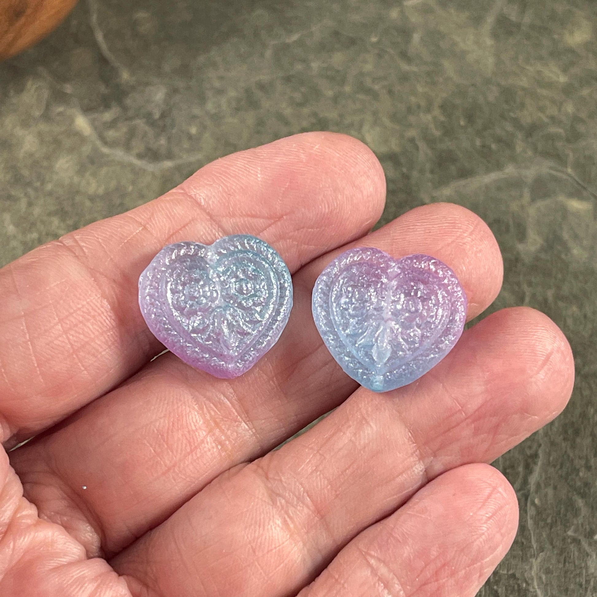 Czech Glass Beads - 18mm Heart Bead, Lilac and Aqua with AB (FH-6) * 6 Beads
