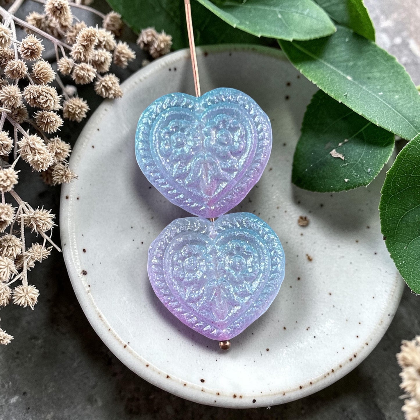 Czech Glass Beads - 18mm Heart Bead, Lilac and Aqua with AB (FH-6) * 6 Beads