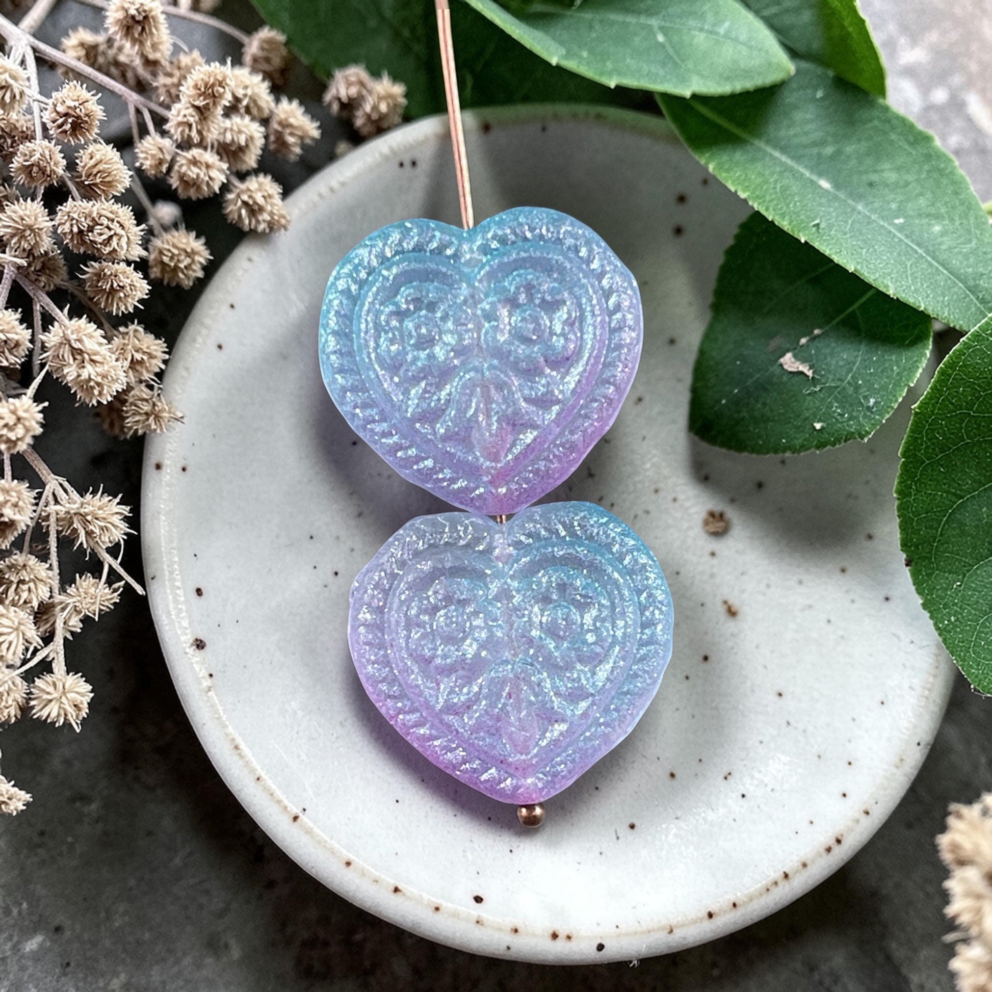 Czech Glass Beads - 18mm Heart Bead, Lilac and Aqua with AB (FH-6) * 6 Beads