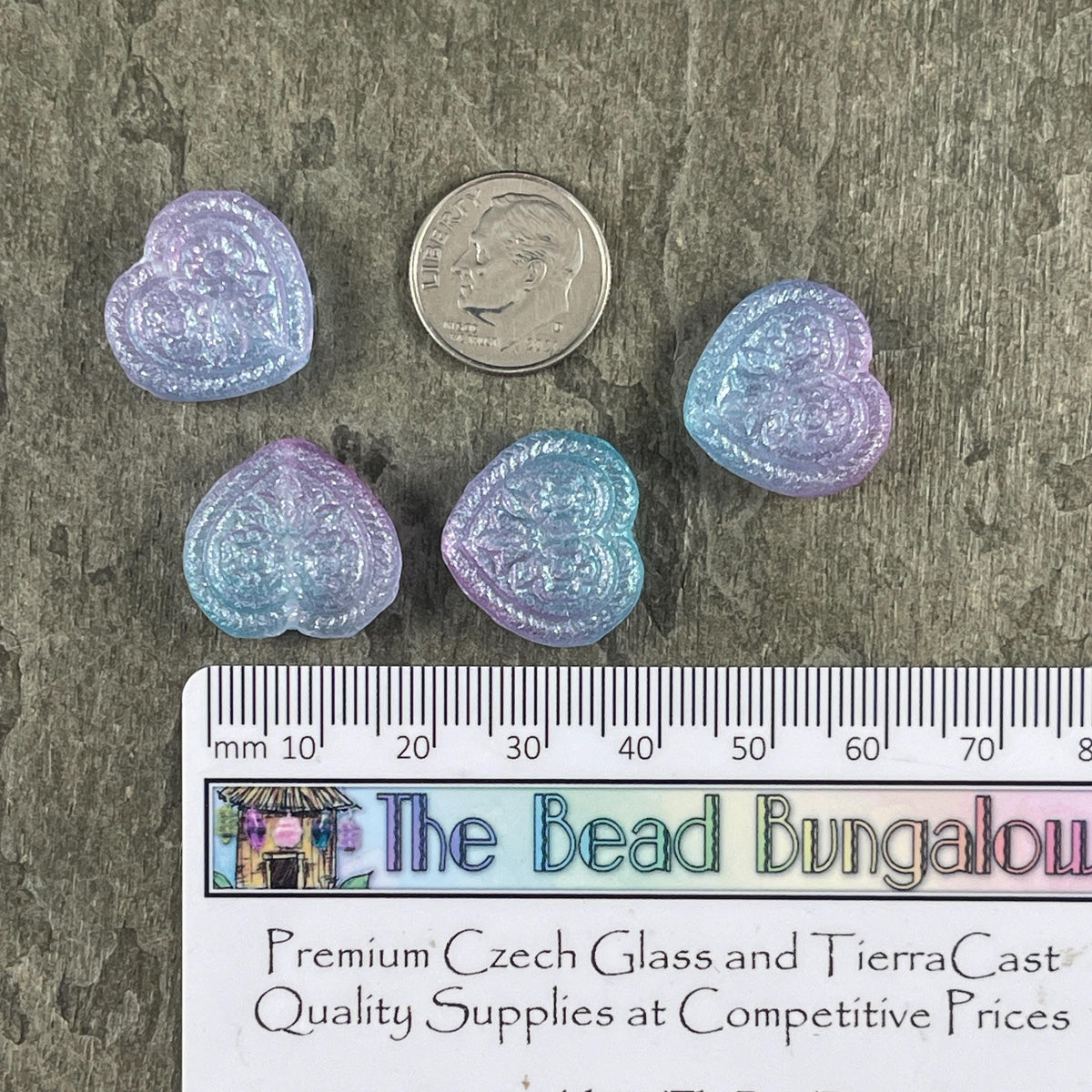 Czech Glass Beads - 18mm Heart Bead, Lilac and Aqua with AB (FH-6) * 6 Beads
