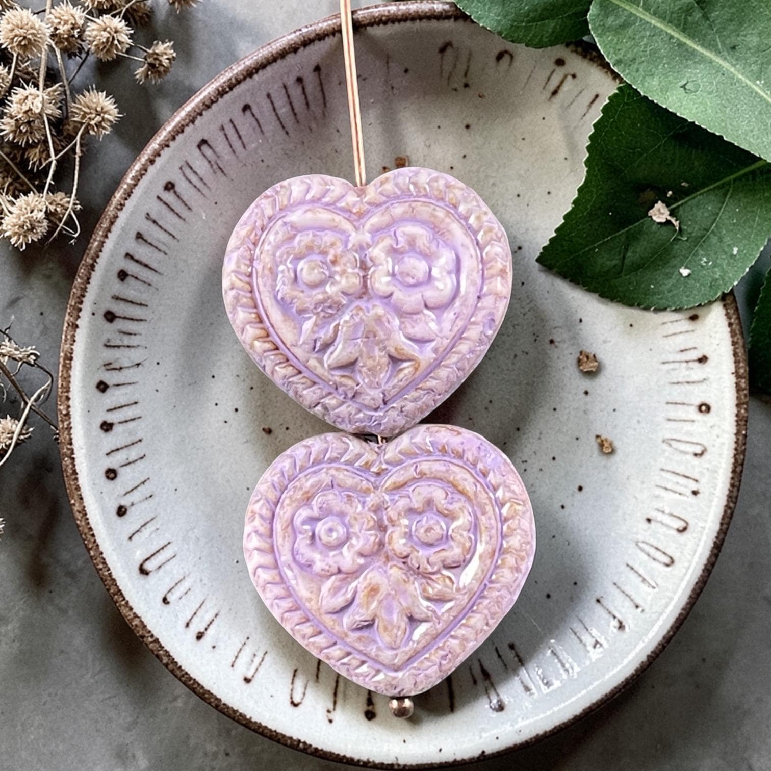 Czech Glass Beads - 18mm Heart Bead, Alabaster with Lavender Picasso (FH-23) * 4 Beads