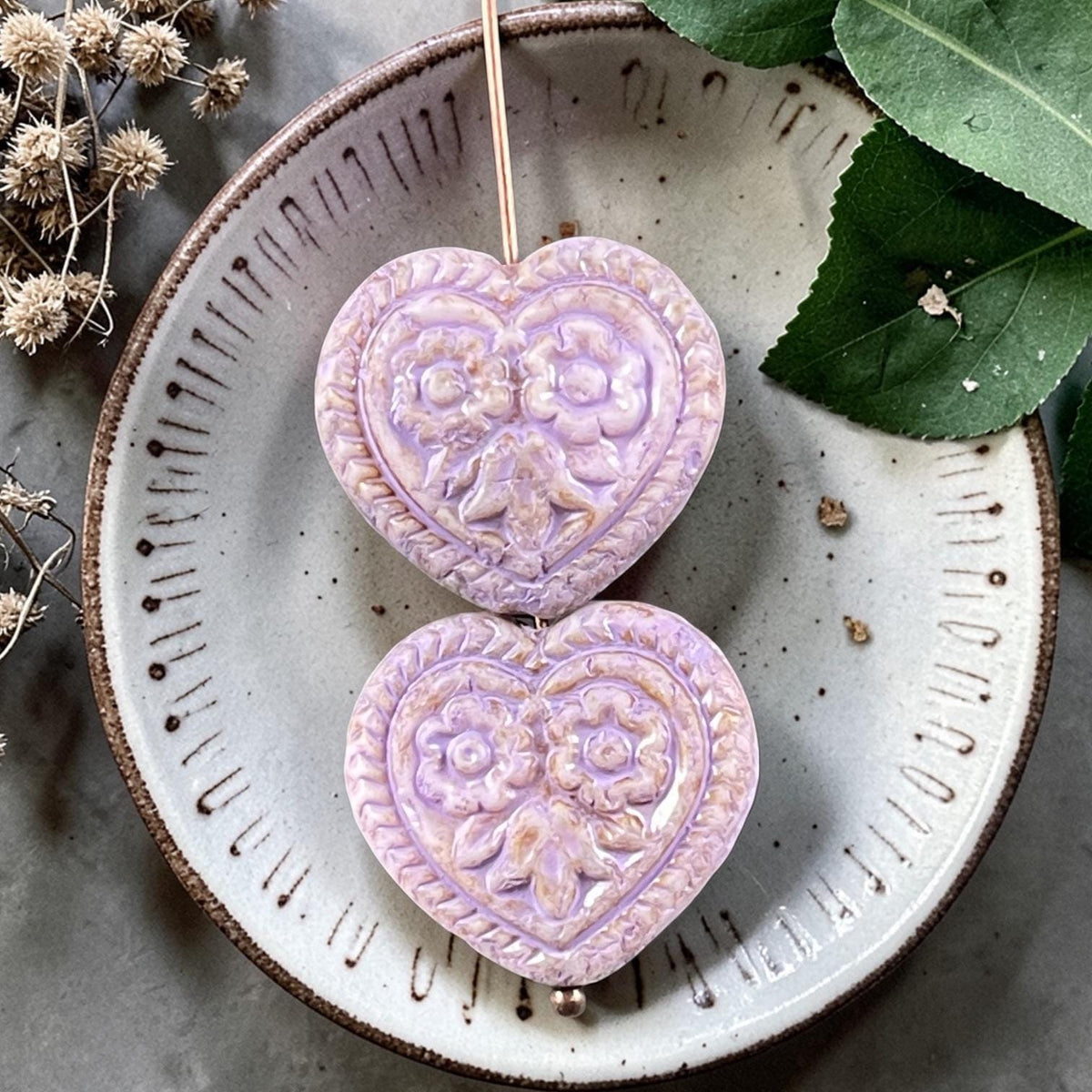 Czech Glass Beads - 18mm Heart Bead, Alabaster with Lavender Picasso (FH-23) * 4 Beads