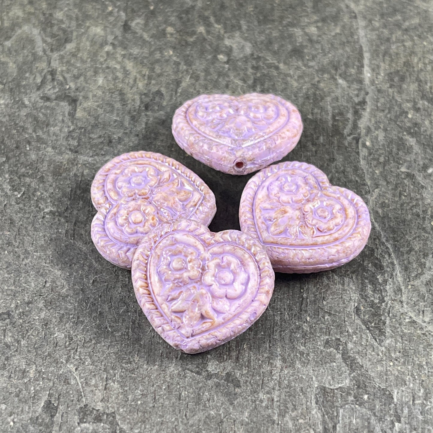 Czech Glass Beads - 18mm Heart Bead, Alabaster with Lavender Picasso (FH-23) * 4 Beads