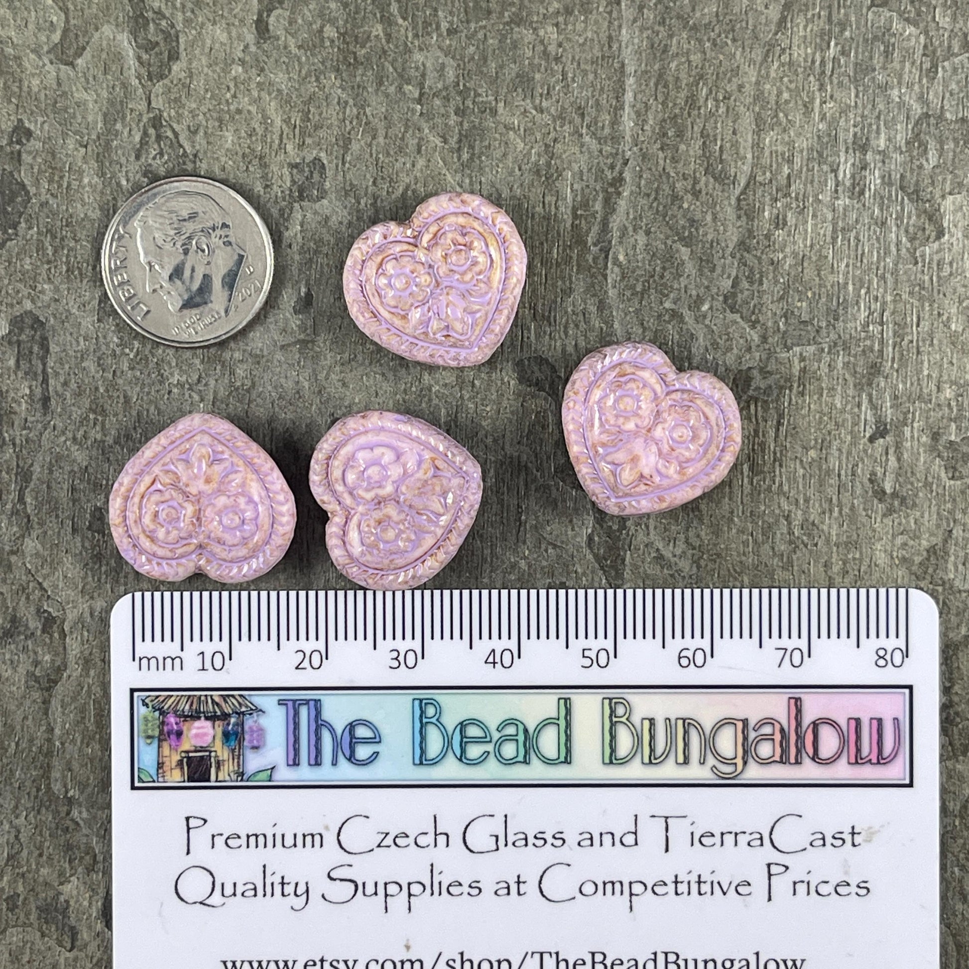 Czech Glass Beads - 18mm Heart Bead, Alabaster with Lavender Picasso (FH-23) * 4 Beads