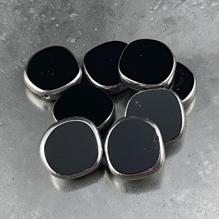 Czech Glass Beads - 15mm Irregular Round Coin - Glossy Black with Silver Picasso (TCIC-5) * 8 Beads