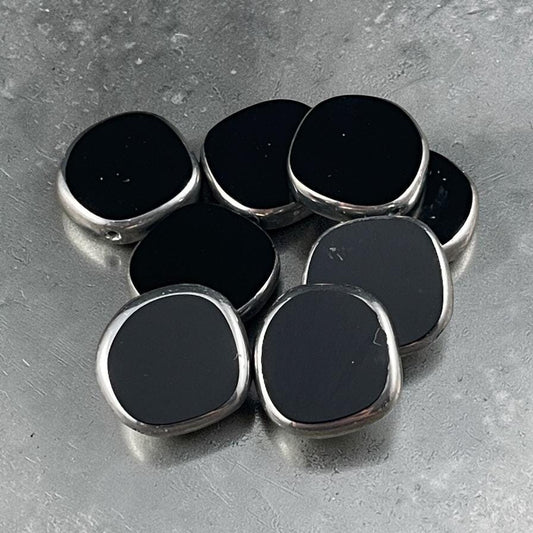Czech Glass Beads - 15mm Irregular Round Coin - Glossy Black with Silver Picasso (TCIC-5) * 8 Beads