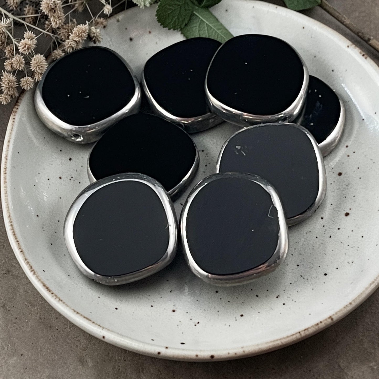Czech Glass Beads - 15mm Irregular Round Coin - Glossy Black with Silver Picasso (TCIC-5) * 8 Beads