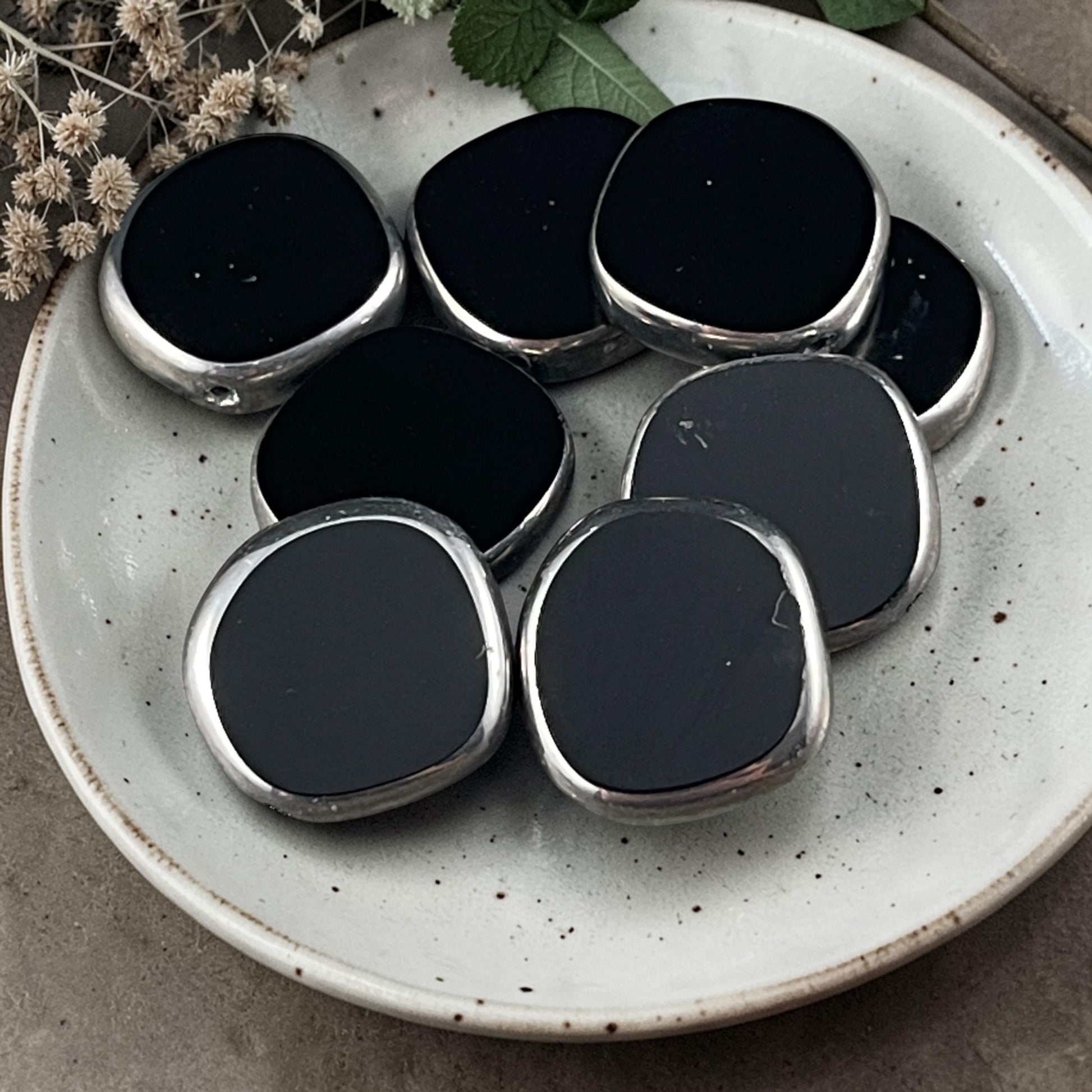 Czech Glass Beads - 15mm Irregular Round Coin - Glossy Black with Silver Picasso (TCIC-5) * 8 Beads