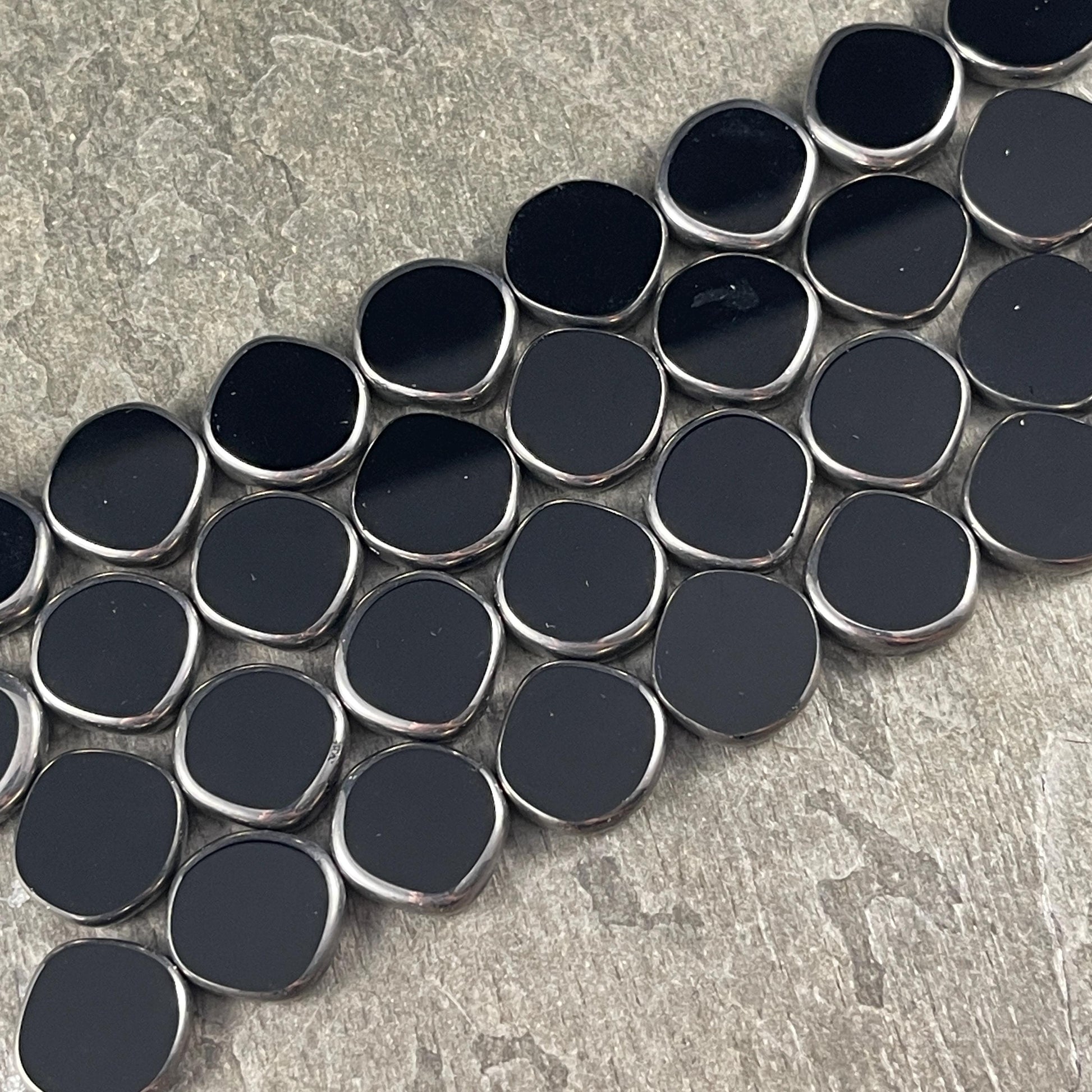 Czech Glass Beads - 15mm Irregular Round Coin - Glossy Black with Silver Picasso (TCIC-5) * 8 Beads