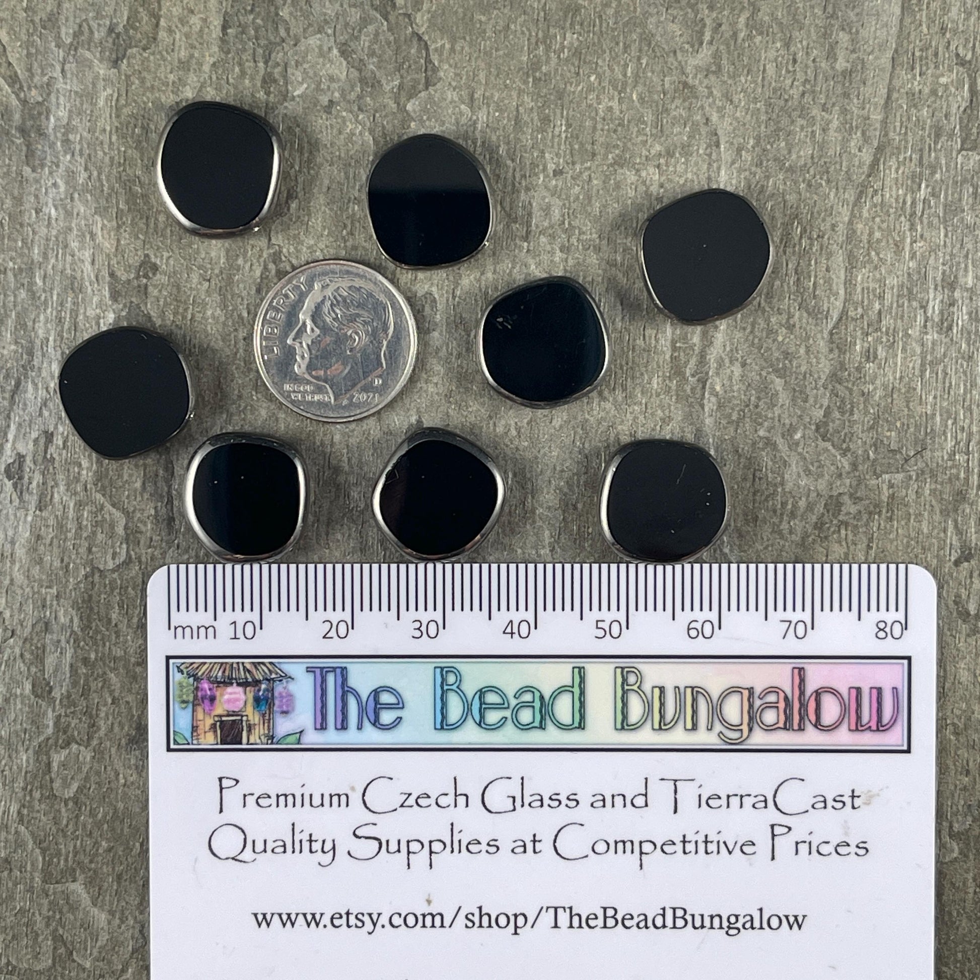 Czech Glass Beads - 15mm Irregular Round Coin - Glossy Black with Silver Picasso (TCIC-5) * 8 Beads