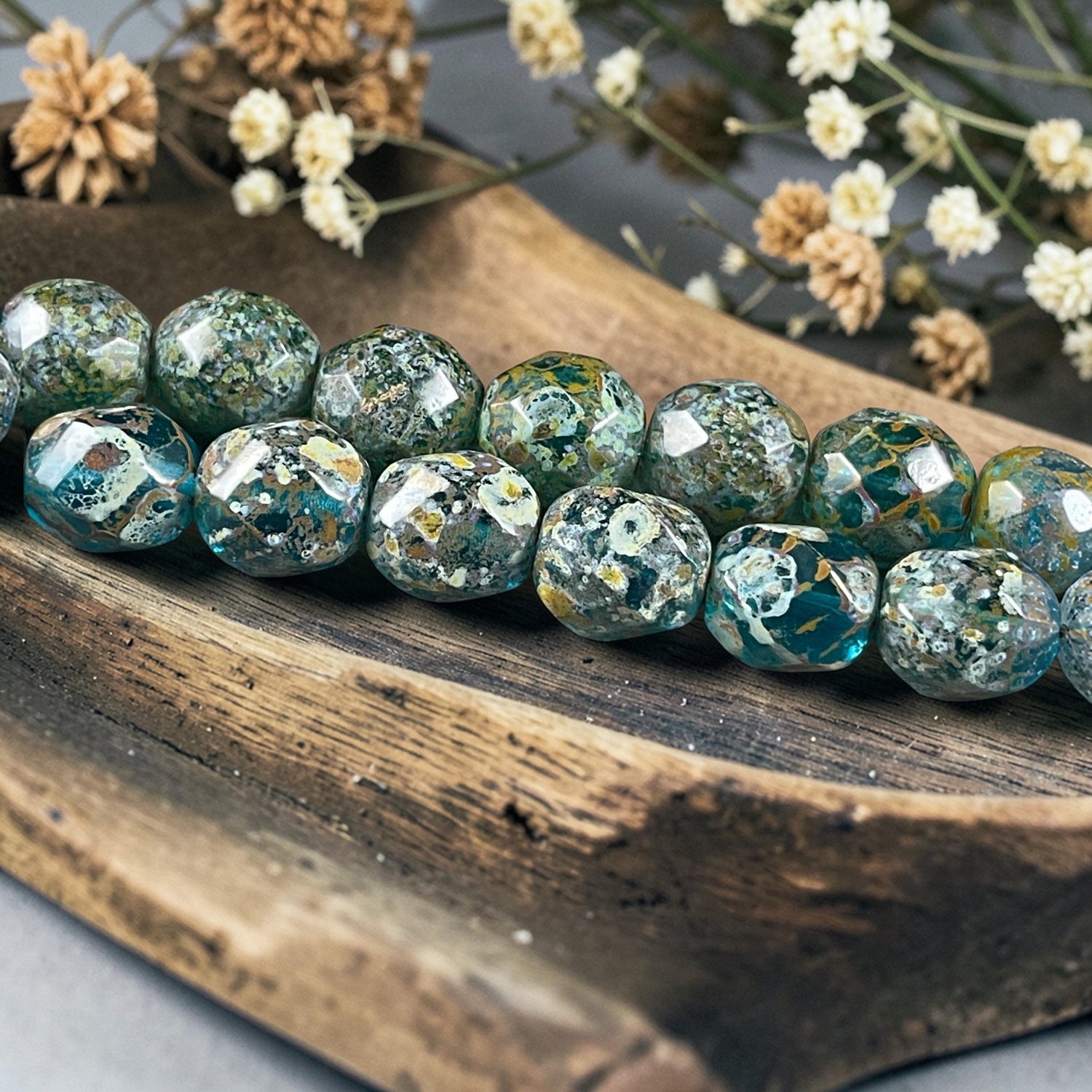Czech Glass Beads - 10mm Faceted Round, Aqua Blue with Full Picasso (FP10/AquaP) * 10 Beads