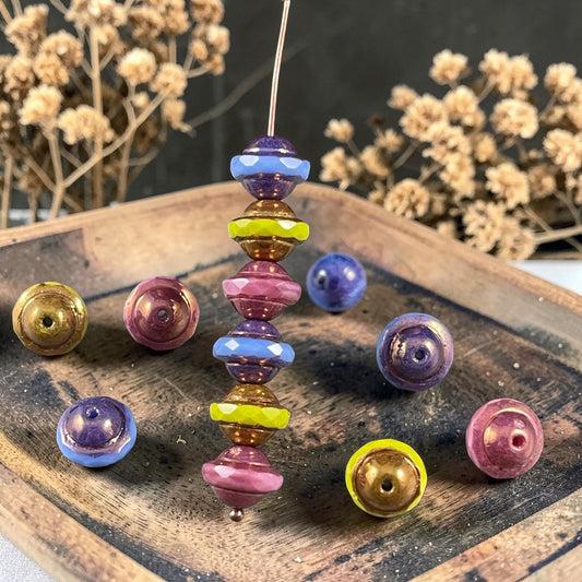 Czech Glass Beads - 9x7mm Faceted Saucer Bicone, Tri-Color Mix (SAT-Mix) * 12 Beads