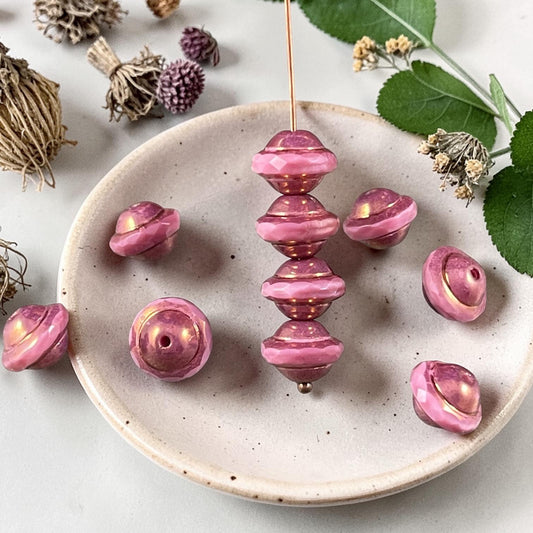 Czech Glass Beads - 9x7mm Faceted Saucer Bicone, Mauve Pink with Bronze Picasso (SAT-1) * 12 Beads