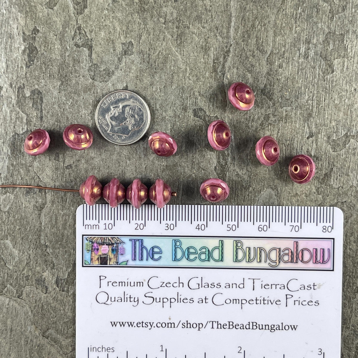 Czech Glass Beads - 9x7mm Faceted Saucer Bicone, Mauve Pink with Bronze Picasso (SAT-1) * 12 Beads