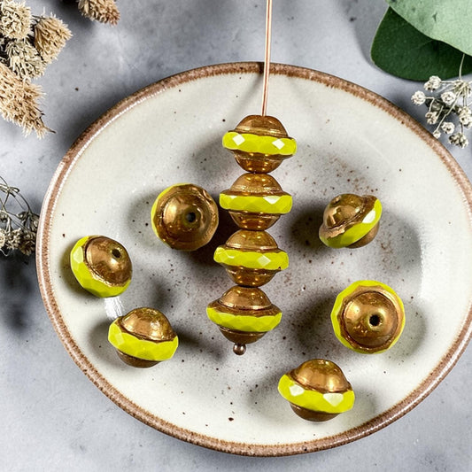 Czech Glass Beads - 9x7mm Faceted Saucer Bicone, Chartreuse Green with Bronze Picasso (SAT-3) * 12 Beads