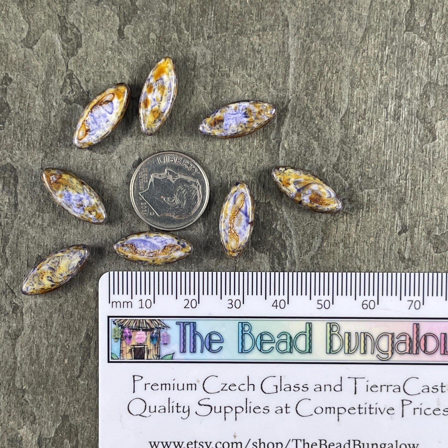 Czech Glass - 17x8mm Marquise Spindle Bead, Alabaster Lilac Picasso (PSpndl-14) * 8 Beads
