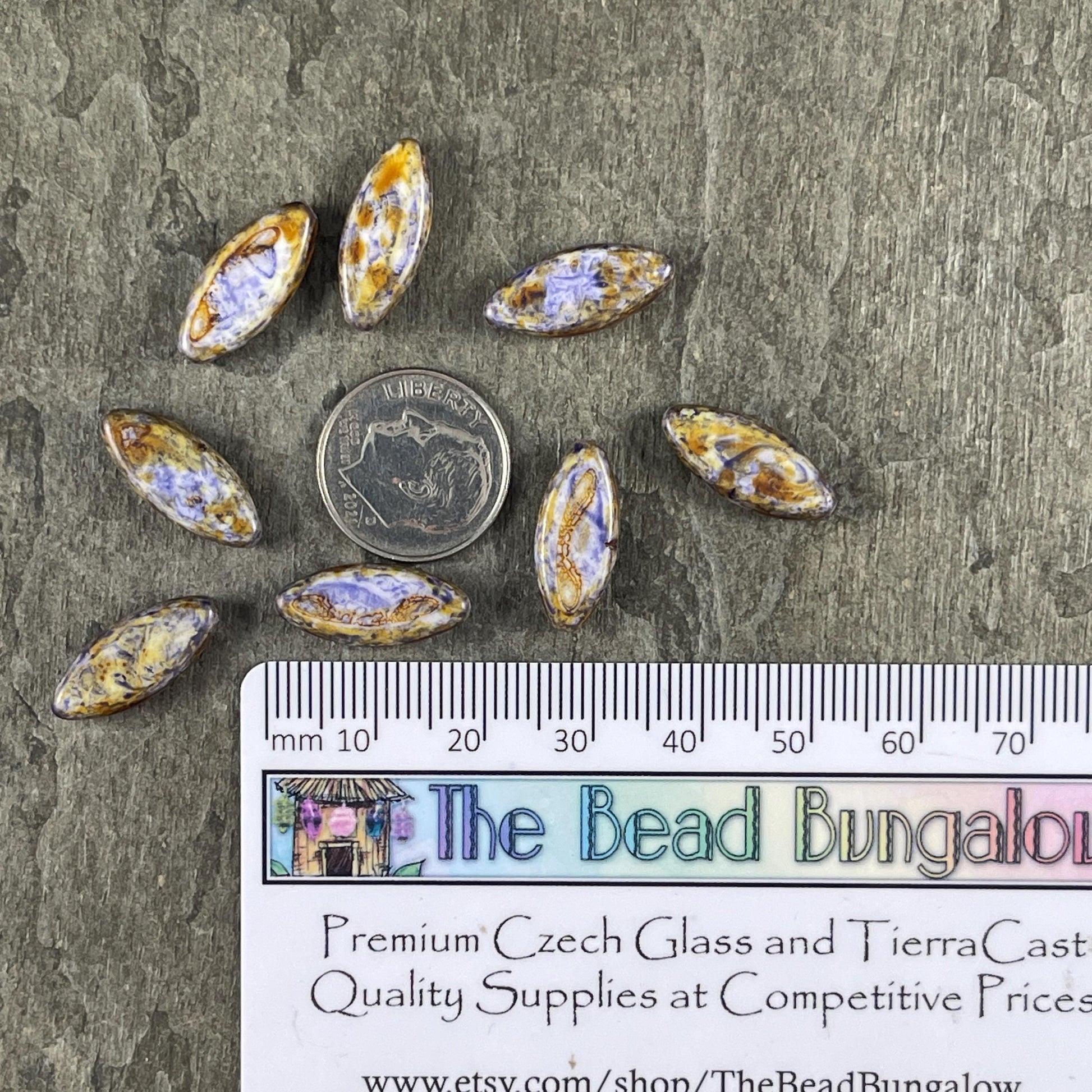 Czech Glass - 17x8mm Marquise Spindle Bead, Alabaster Lilac Picasso (PSpndl-14) * 8 Beads