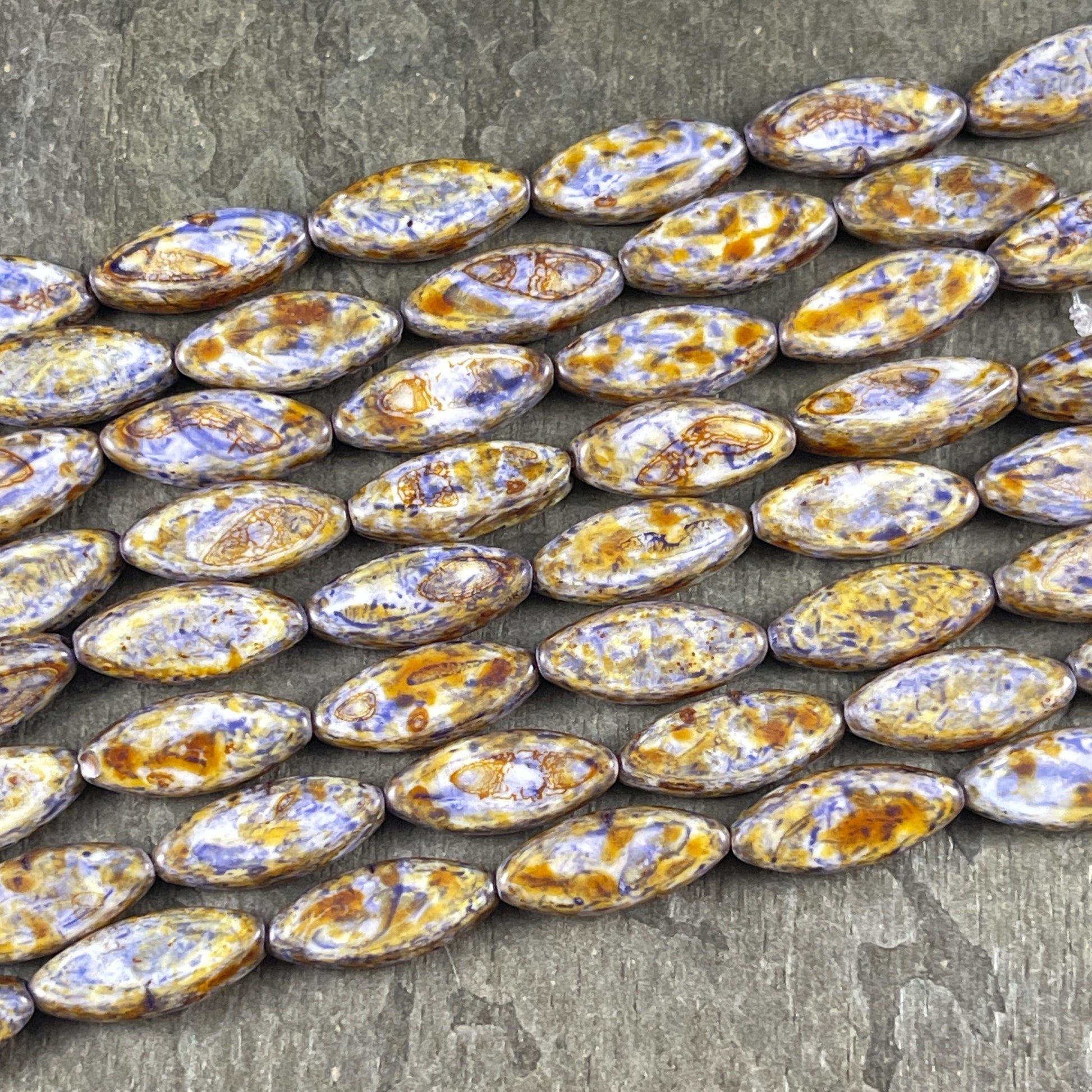 Czech Glass - 17x8mm Marquise Spindle Bead, Alabaster Lilac Picasso (PSpndl-14) * 8 Beads