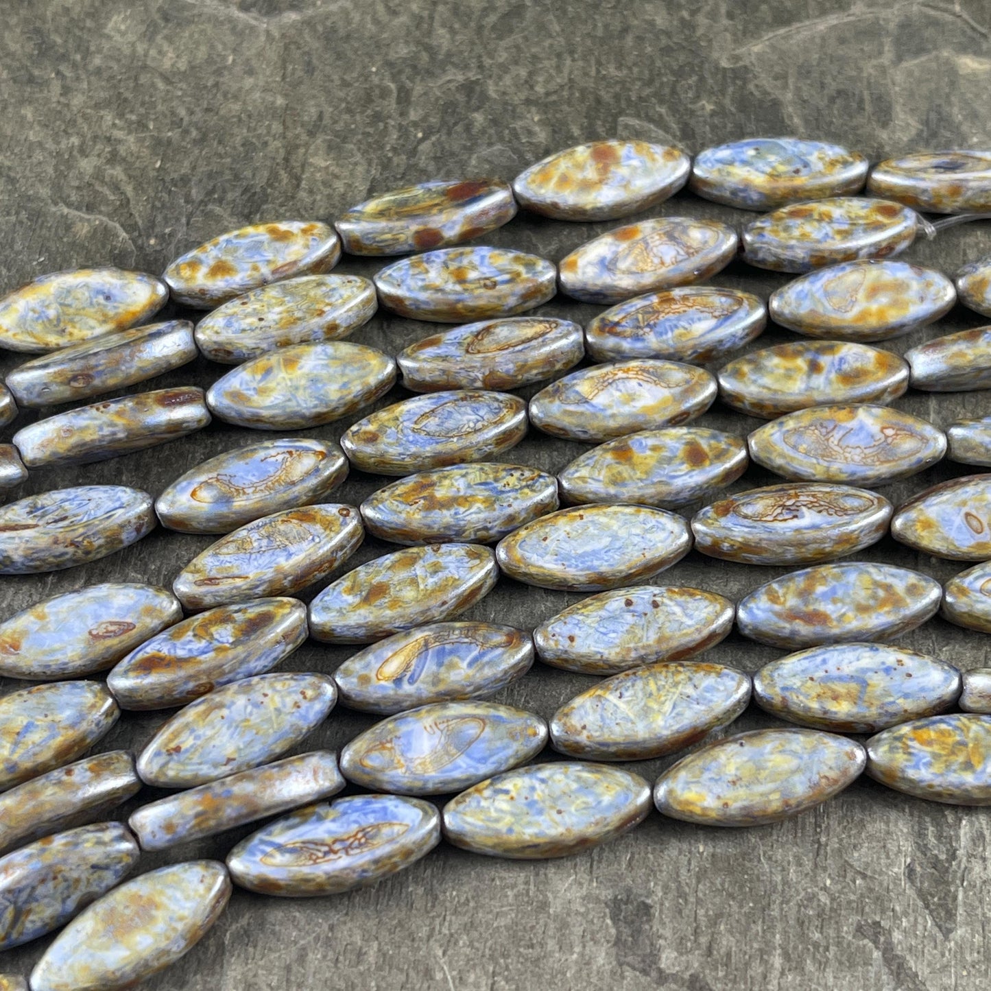 Czech Glass - 17x8mm Marquise Spindle Bead, Alabaster Blue Picasso (PSpndl-16) * 8 Beads