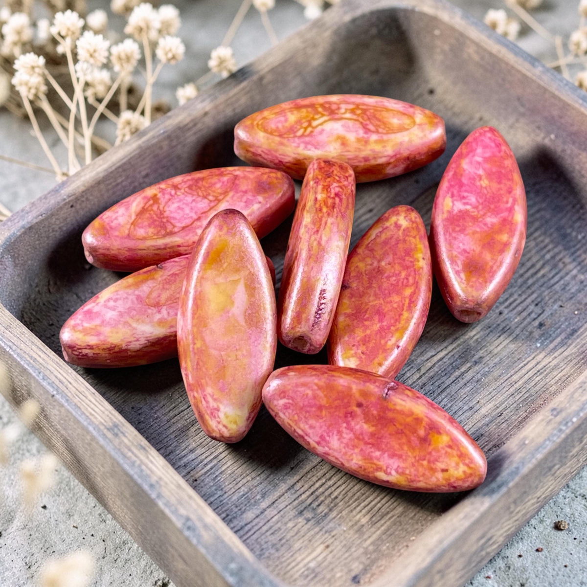 Czech Glass - 17x8mm Marquise Spindle Bead, Alabaster Rose Pink Picasso (PSpndl-13) * 8 Beads